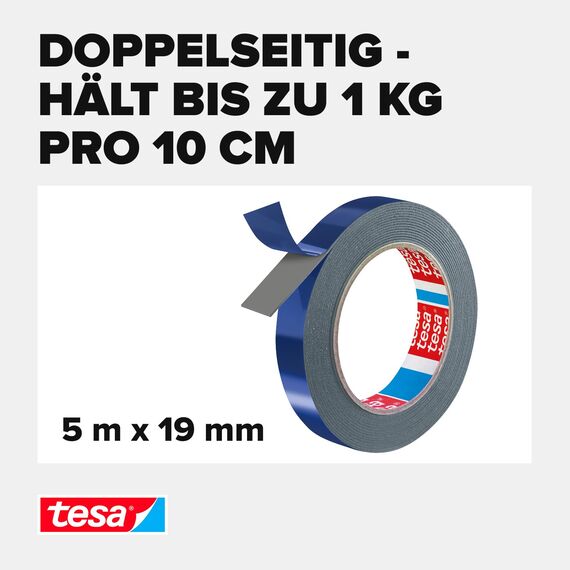 tesa Powerbond Outdoor - Doppelseitiges Montageband für den Außenbereich - Wasserfestes, starkes, UV-beständiges Klebeband - 5 m x 19 mm