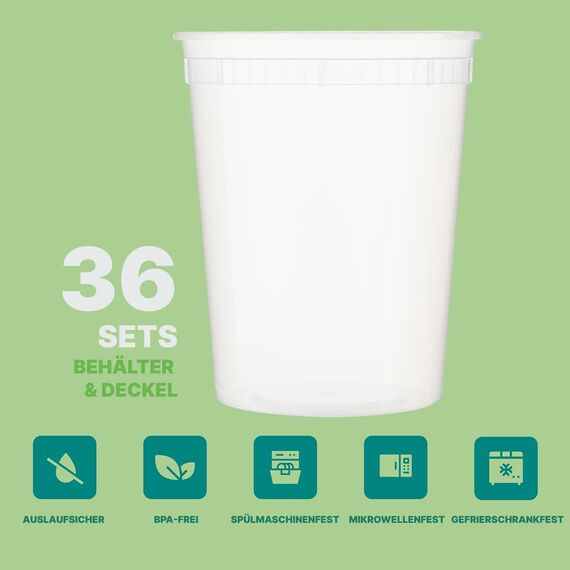 JoyServe 32-Unzen-Deli-Lebensmittelbehälter mit Deckeln - (36 Sets) Quart-Größe luftdichte Lebensmittel-Aufbewahrungsbehälter zum Mitnehmen mit 36 Deckeln, BPA-frei, spülmaschinen