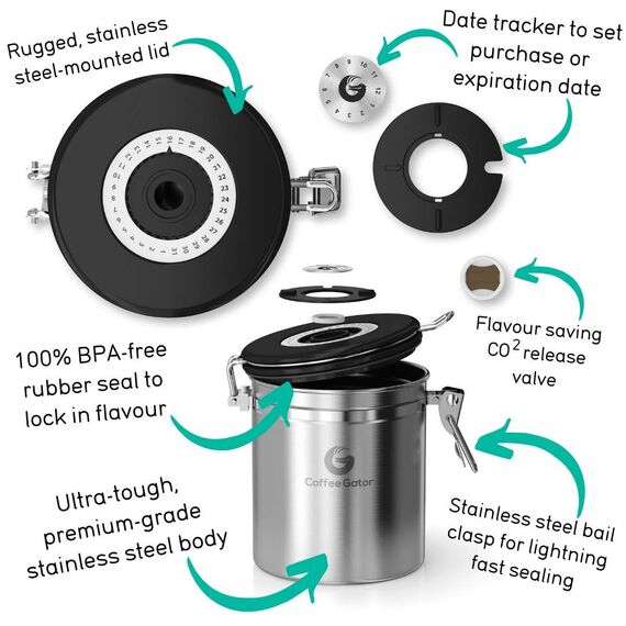 Coffee Gator Kaffeedose Edelstahl, Luftdicht Vorratsdose mit Deckel, Datum Tracker, CO2-Freigabeventil, Messlöffel, für Kaffeebohnen, Kaffeepulver, Nüsse, Tee, Zucker, Mehl