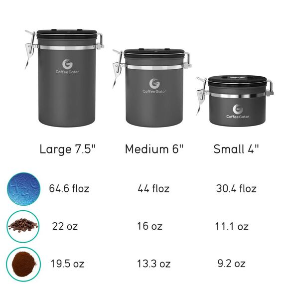 Coffee Gator Kaffeedose Edelstahl, Luftdicht Vorratsdose mit Deckel, Datum Tracker, CO2-Freigabeventil, Messlöffel, für Kaffeebohnen, Kaffeepulver, Nüsse, Tee, Zucker, Mehl