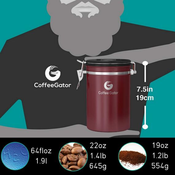Coffee Gator Kaffeedose Edelstahl, Luftdicht Vorratsdose mit Deckel, Datum Tracker, CO2-Freigabeventil, Messlöffel, für Kaffeebohnen, Kaffeepulver, Nüsse, Tee, Zucker, Mehl