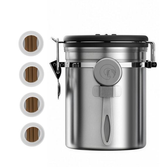 Coffee Gator Kaffeedose Edelstahl, Luftdicht Vorratsdose mit Deckel, Datum Tracker, CO2-Freigabeventil, Messlöffel, für Kaffeebohnen, Kaffeepulver, Nüsse, Tee, Zucker, Mehl