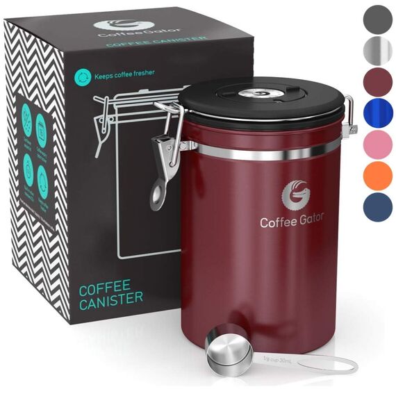 Coffee Gator Kaffeedose Edelstahl, Luftdicht Vorratsdose mit Deckel, Datum Tracker, CO2-Freigabeventil, Messlöffel, für Kaffeebohnen, Kaffeepulver, Nüsse, Tee, Zucker, Mehl