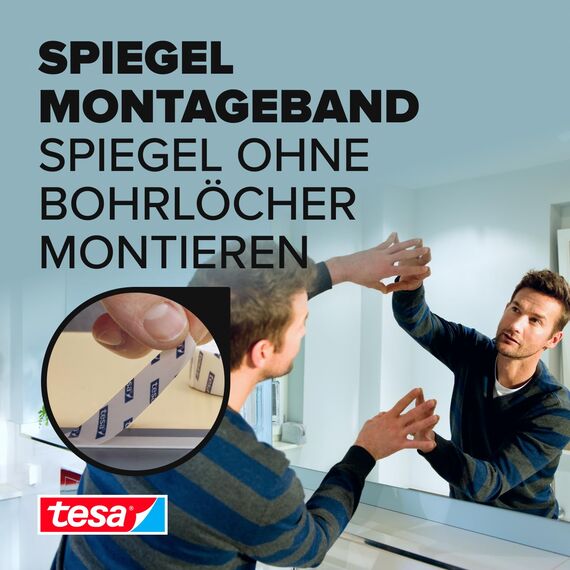 tesa Powerbond MIRROR - Doppelseitiges Montageband zur Fixierung von Spiegeln - Feuchtigkeitsbeständiges Klebeband für Bad und Dusche - 5 m x 38 mm