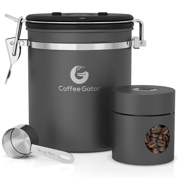 Coffee Gator Kaffeedose Edelstahl, Luftdicht Vorratsdose mit Deckel, Datum Tracker, CO2-Freigabeventil, Messlöffel, für Kaffeebohnen, Kaffeepulver, Nüsse, Tee, Zucker, Mehl