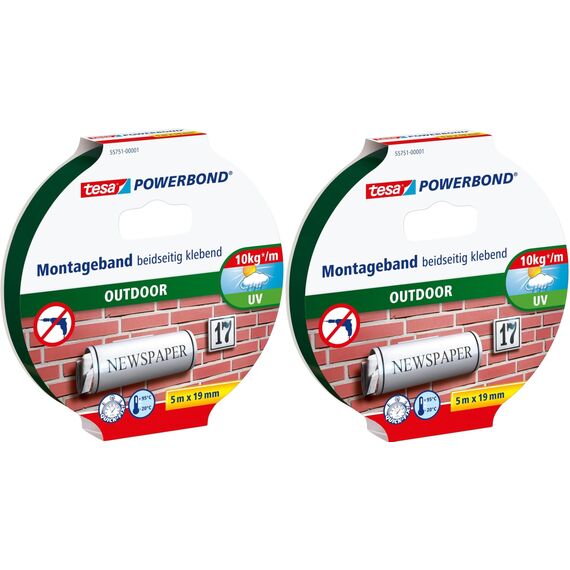 tesa Powerbond Outdoor - Doppelseitiges Montageband für den Außenbereich - Wasserfestes, starkes, UV-beständiges Klebeband (2er Pack, 5m:19mm)