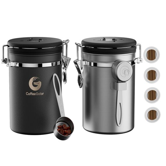Coffee Gator Kaffeedose Edelstahl, Luftdicht Vorratsdose mit Deckel, Datum Tracker, CO2-Freigabeventil, Messlöffel, für Kaffeebohnen, Kaffeepulver, Nüsse, Tee, Zucker, Mehl