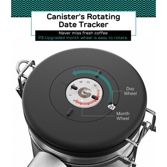 Coffee Gator-Edelstahl-Kaffeedose – Hält gemahlener Kaffee und Bohnen länger frisch – Behälter mit Datumsverfolgung, CO2-Freigabeventil und Messlöffel - Groß - Edelstahl