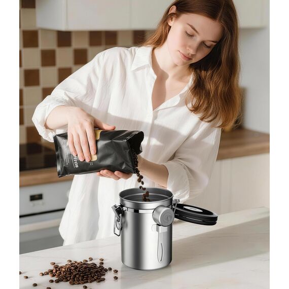 Coffee Gator-Edelstahl-Kaffeedose – Hält gemahlener Kaffee und Bohnen länger frisch – Behälter mit Datumsverfolgung, CO2-Freigabeventil und Messlöffel - Groß - Edelstahl