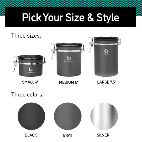 Coffee Gator Kaffeedose Edelstahl, Luftdicht Vorratsdose mit Deckel, Datum Tracker, CO2-Freigabeventil, Messlöffel, für Kaffeebohnen, Kaffeepulver, Nüsse, Tee, Zucker, Mehl