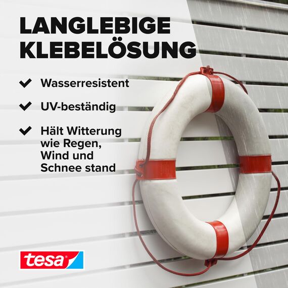 tesa Powerbond Outdoor - Doppelseitiges Montageband für den Außenbereich - Wasserfestes, starkes, UV-beständiges Klebeband - 5 m x 19 mm