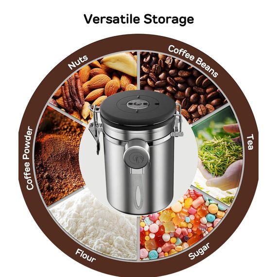 Coffee Gator-Edelstahl-Kaffeedose – Hält gemahlener Kaffee und Bohnen länger frisch – Behälter mit Datumsverfolgung, CO2-Freigabeventil und Messlöffel - Groß - Edelstahl