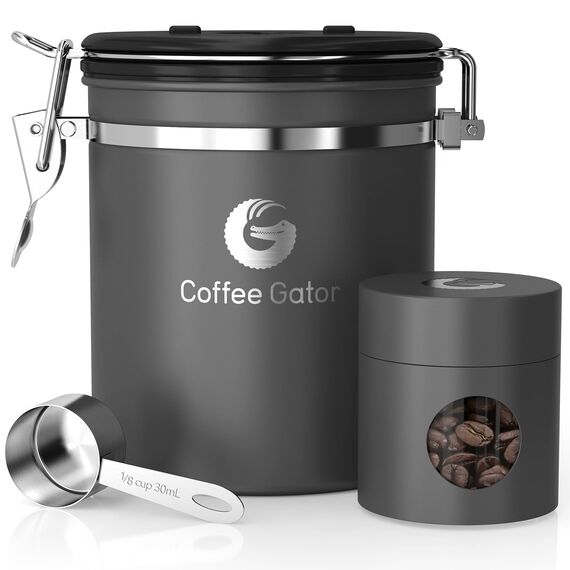 Coffee Gator Kaffeedose Edelstahl, Luftdicht Vorratsdose mit Deckel, Datum Tracker, CO2-Freigabeventil, Messlöffel, für Kaffeebohnen, Kaffeepulver, Nüsse, Tee, Zucker, Mehl