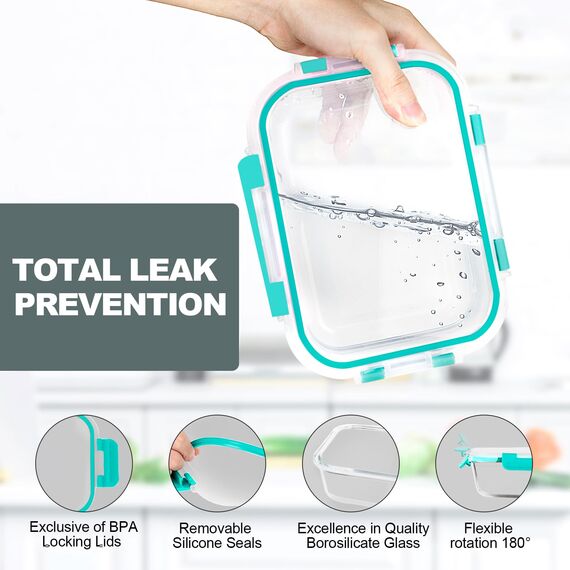 VERONES Glasbehälter für Mahlzeiten, luftdichte Lunch-Behälter, stapelbares Glas-Frischhaltedosen-Set mit Deckel, exklusiv von BPA, für Mikrowelle, Backofen, Gefrierschrank und Spülmaschine, Grün, 10