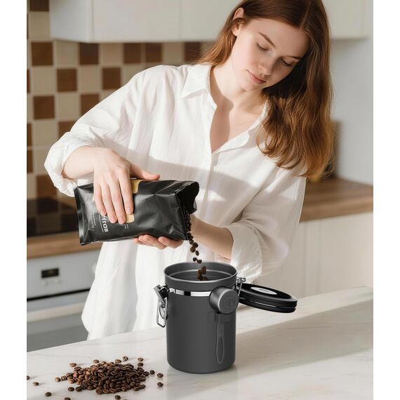 Coffee Gator-Edelstahl-Kaffeedose – Hält gemahlener Kaffee und Bohnen länger frisch – Behälter mit Datumsverfolgung, CO2-Freigabeventil und Messlöffel - Mittel - Edelstahl und Grau, 2-pack