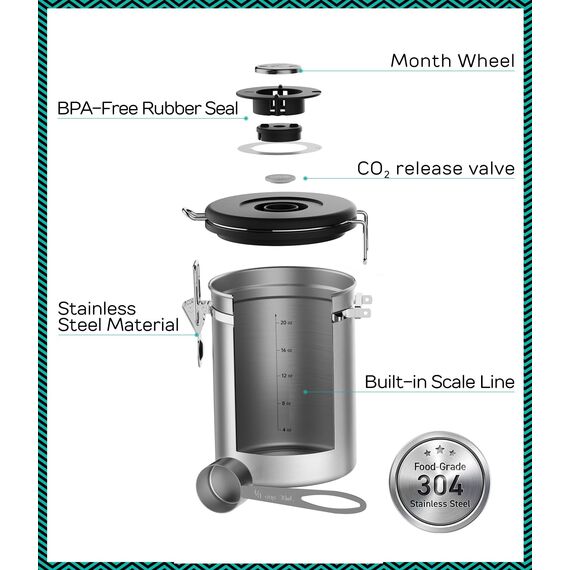 Coffee Gator Kaffeedose Edelstahl, Luftdicht Vorratsdose mit Deckel, Datum Tracker, CO2-Freigabeventil, Messlöffel, für Kaffeebohnen, Kaffeepulver, Nüsse, Tee, Zucker, Mehl