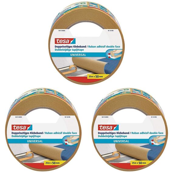 tesa Doppelseitiges Klebeband Universal - Vielseitiges Klebeband für Verpackungen, Deko und Teppiche oder zum Basteln - 25 m x 50 mm (Packung mit 3)
