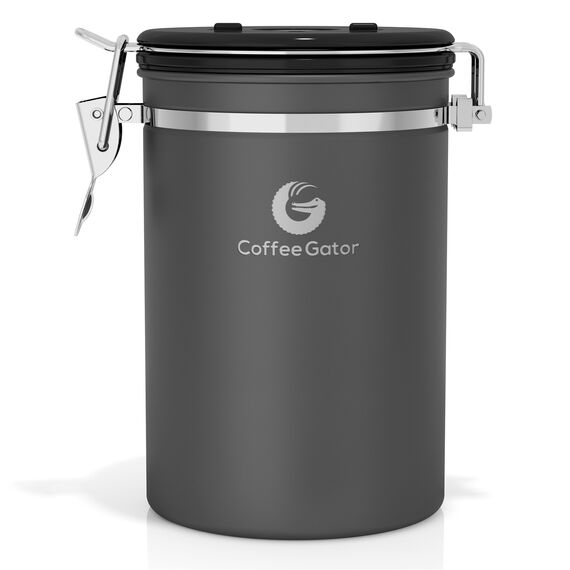 Coffee Gator-Edelstahl-Kaffeedose – Hält gemahlener Kaffee und Bohnen länger frisch – Behälter mit Datumsverfolgung, CO2-Freigabeventil und Messlöffel - Mittel - Edelstahl und Grau, 2-pack