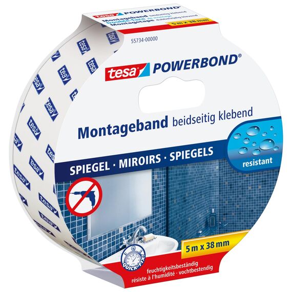 tesa Powerbond MIRROR - Doppelseitiges Montageband zur Fixierung von Spiegeln - Feuchtigkeitsbeständiges Klebeband für Bad und Dusche - 5 m x 38 mm