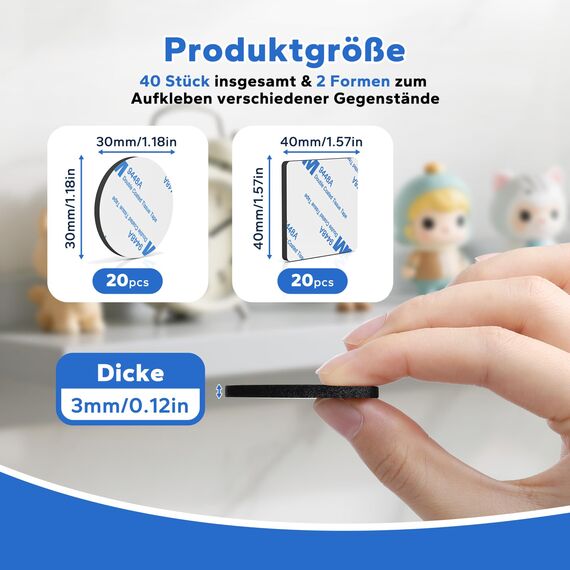 HOMMAND Klebepads Doppelseitig Extra Stark, 40 Stück Doppelseitiges Schaumstoff Klebepads, Wasserfeste Montagepads für Zuhause Büro Auto Schule, Doppelseitige Klebepads Rund/Quadratisch, Schwarz
