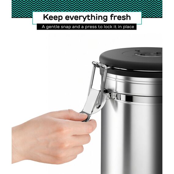 Coffee Gator-Edelstahl-Kaffeedose – Hält gemahlener Kaffee und Bohnen länger frisch – Behälter mit Datumsverfolgung, CO2-Freigabeventil und Messlöffel - Groß - Edelstahl