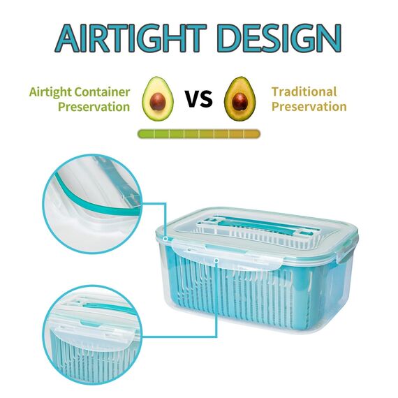 EASYLOCK 5er-Pack Kunststoff-Lebensmittel-Aufbewahrungsbehälter-Set mit Ablaufkorb, Obst-Aufbewahrungsbehälter für Kühlschrank, luftdicht, BPA-frei, multifunktional für frisches Gemüse und Obst