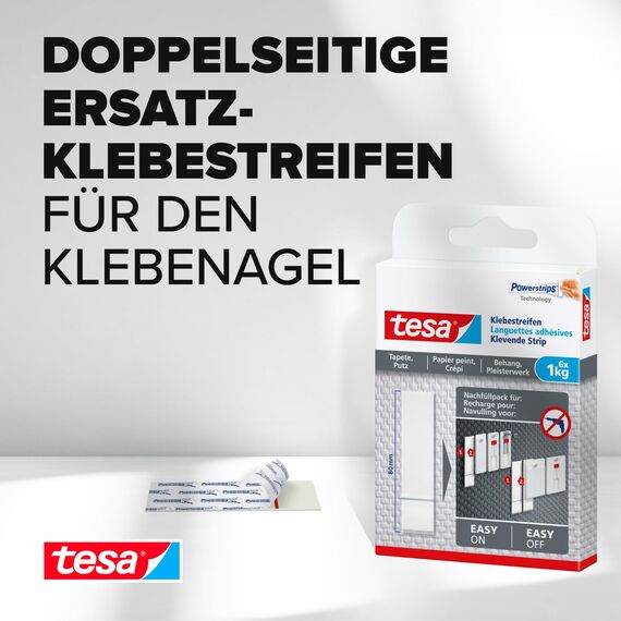 tesa Powerstrips Tapete&Putz - doppelseitige Klebestreifen für Tapete und Gips - Ersatz-Klebestreifen für den tesa® Klebenagel - Haltekraft 1,0 kg/Nagel - 1 x 6 Streifen