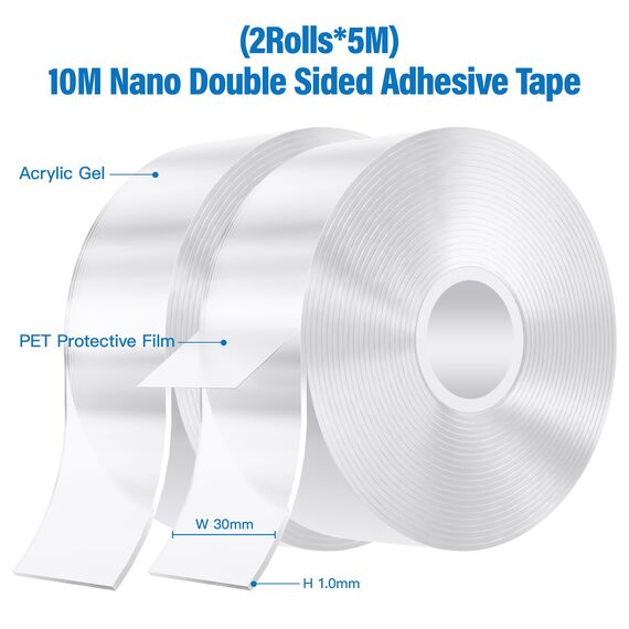 kinkaivy 10M Doppelseitiges Klebeband Extra Stark Transparent, Abnehmbar Spurlos Nano Tape, 2 Rollen Double Sided Tape, Klebeband Doppelseitig Ablösbar für Foto Wand, Postern, Teppich, Küche, Zuhause