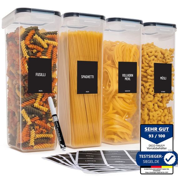 Deco haus Vorratsdosen mit Deckel Luftdicht [inkl. VORRATSETIKETTEN] - 4er Vorratsbehälter Set 2.8L - Aufbewahrungsbox Küche Aufbewahrung & Organisation - Lebensmittelaufbewahrung für Spaghetti, Mehl