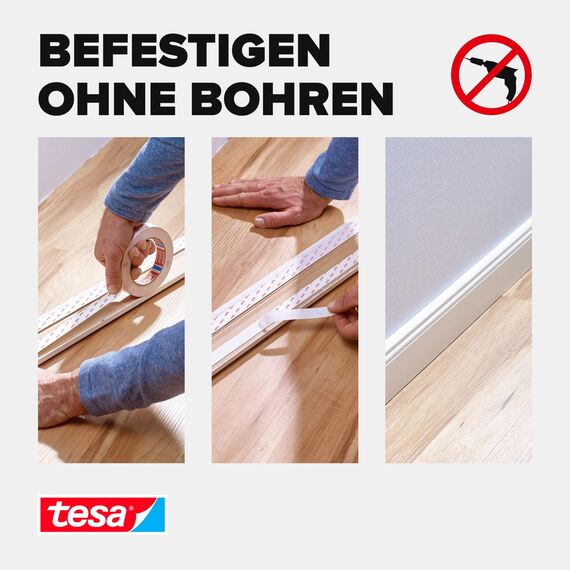 tesa Montageband Tapete&Putz, 10 kg Haltekraft pro Meter - starkes, doppelseitiges Montageklebeband zur Befestigung auf Gips und Tapeten - 5 m x 19 mm