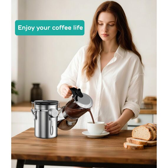 Coffee Gator-Edelstahl-Kaffeedose – Hält gemahlener Kaffee und Bohnen länger frisch – Behälter mit Datumsverfolgung, CO2-Freigabeventil und Messlöffel - Groß - Edelstahl