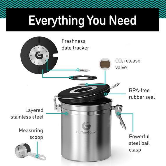 Coffee Gator-Edelstahl-Kaffeedose – Hält gemahlener Kaffee und Bohnen länger frisch – Behälter mit Datumsverfolgung, CO2-Freigabeventil und Messlöffel - Mittel - Edelstahl