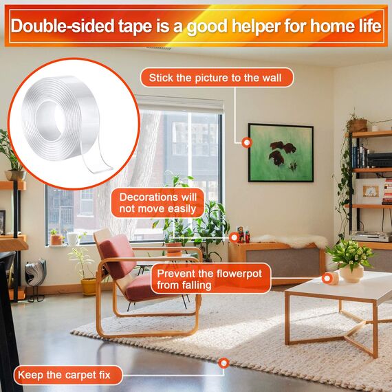 Doppelseitiges Klebeband,Waschbares Spurloses Klebeband,Transparent Entfernbares Wiederverwendbares Klebestreifen, Extra Starke Klebekraft Wasserdichtes, rutschfest Multifunktionales (5M x 3CM x 2MM)