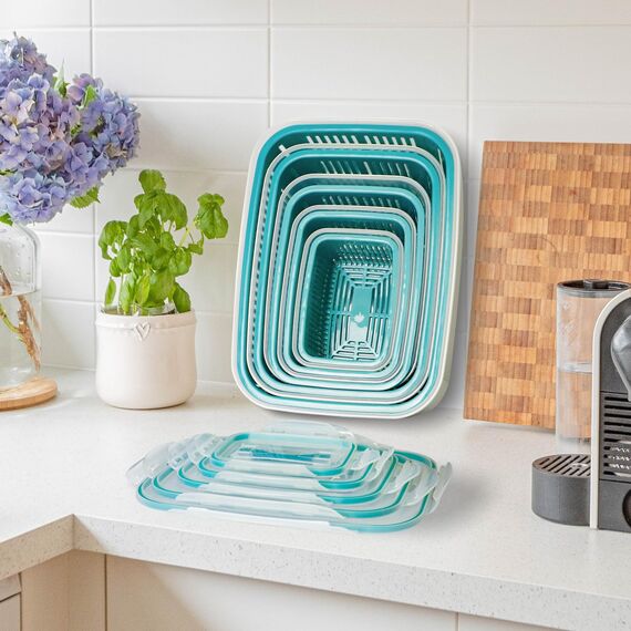 EASYLOCK 5er-Pack Kunststoff-Lebensmittel-Aufbewahrungsbehälter-Set mit Ablaufkorb, Obst-Aufbewahrungsbehälter für Kühlschrank, luftdicht, BPA-frei, multifunktional für frisches Gemüse und Obst