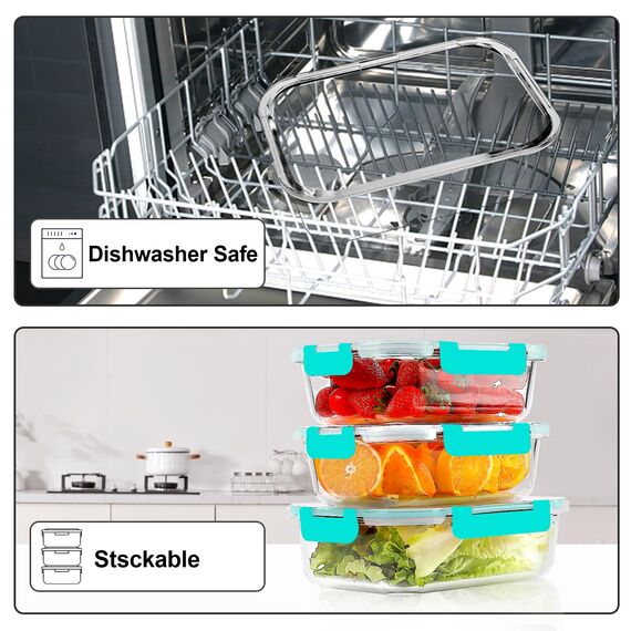 VERONES Glasbehälter für Mahlzeiten, luftdichte Lunch-Behälter, stapelbares Glas-Frischhaltedosen-Set mit Deckel, exklusiv von BPA, für Mikrowelle, Backofen, Gefrierschrank und Spülmaschine, Grün, 10