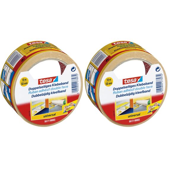 tesa Doppelseitiges Klebeband Universal - Vielseitiges Klebeband für Verpackungen, Deko und Teppiche oder zum Basteln - 10 m x 50 mm (Packung mit 2)