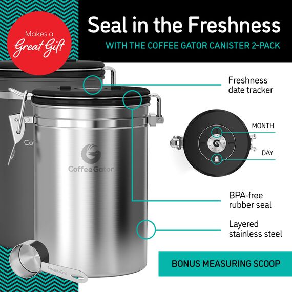 Coffee Gator Kaffeedose Edelstahl, Luftdicht Vorratsdose mit Deckel, Datum Tracker, CO2-Freigabeventil, Messlöffel, für Kaffeebohnen, Kaffeepulver, Nüsse, Tee, Zucker, Mehl
