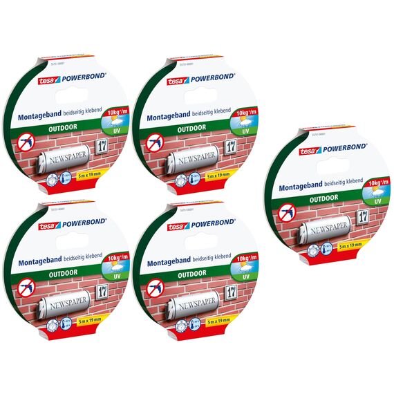 tesa Powerbond Outdoor - Doppelseitiges Montageband für den Außenbereich - Wasserfestes, starkes, UV-beständiges Klebeband (5er Pack, 5m:19mm)