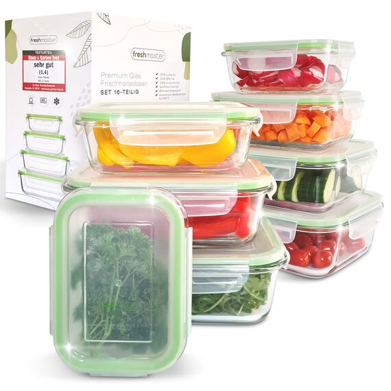 Fresh Master Frischhaltedose Glas Set - Testurteil: SEHR GUT - 100% auslaufsichere + luftdichte Vorratsdosen mit Deckel I Vorratsdosen Glas Meal Prep Boxen Glas Aufbewahrungsbox (16 teilig)