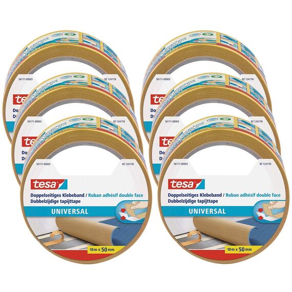 tesa Doppelseitiges Klebeband Universal im 6er Pack - Vielseitiges Klebeband für Verpackungen, Deko und Teppiche oder zum Basteln - 6 Rollen je 10 m