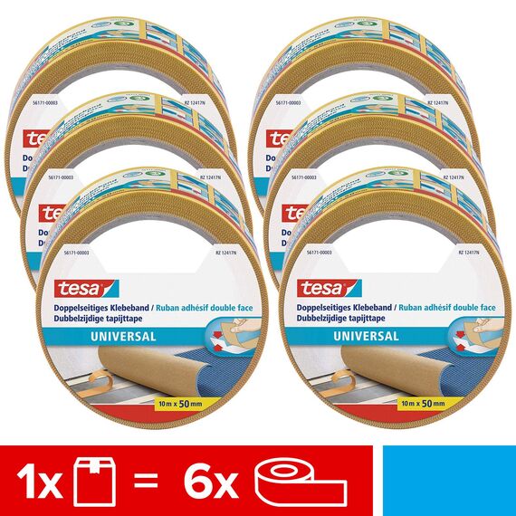 tesa Doppelseitiges Klebeband Universal im 6er Pack - Vielseitiges Klebeband für Verpackungen, Deko und Teppiche oder zum Basteln - 6 Rollen je 10 m