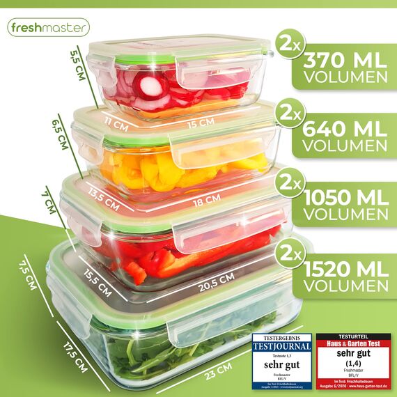 Fresh Master Frischhaltedose Glas Set - Testurteil: SEHR GUT - 100% auslaufsichere + luftdichte Vorratsdosen mit Deckel I Vorratsdosen Glas Meal Prep Boxen Glas Aufbewahrungsbox (16 teilig)