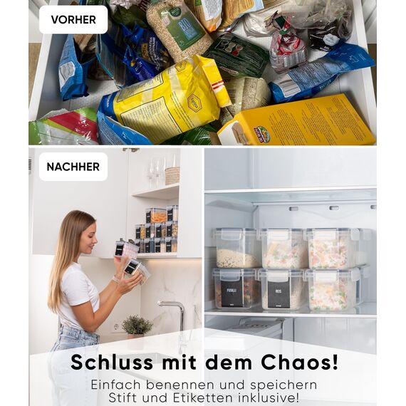 Deco haus Vorratsdosen mit Deckel Luftdicht [inkl. VORRATSETIKETTEN] - 12er Vorratsbehälter Set - Aufbewahrungsbox Küche Aufbewahrung & Organisation - Lebensmittelaufbewahrung für Zucker, Müsli, Mehl
