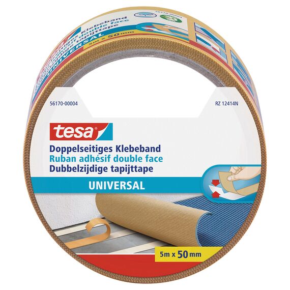 tesa Doppelseitiges Klebeband Universal - Vielseitiges Klebeband für Verpackungen, Deko und Teppiche oder zum Basteln - 5 m x 50 mm