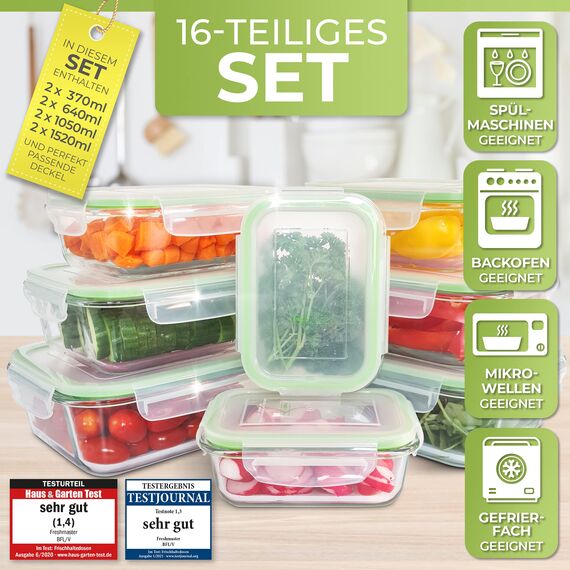 Fresh Master Frischhaltedose Glas Set - Testurteil: SEHR GUT - 100% auslaufsichere + luftdichte Vorratsdosen mit Deckel I Vorratsdosen Glas Meal Prep Boxen Glas Aufbewahrungsbox (16 teilig)