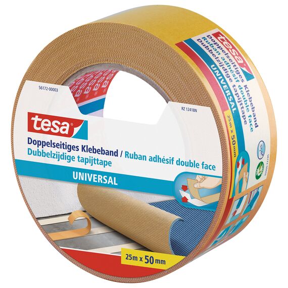 tesa Doppelseitiges Klebeband Universal - Vielseitiges Klebeband für Verpackungen, Deko und Teppiche oder zum Basteln - 25 m x 50 mm (Packung mit 3)
