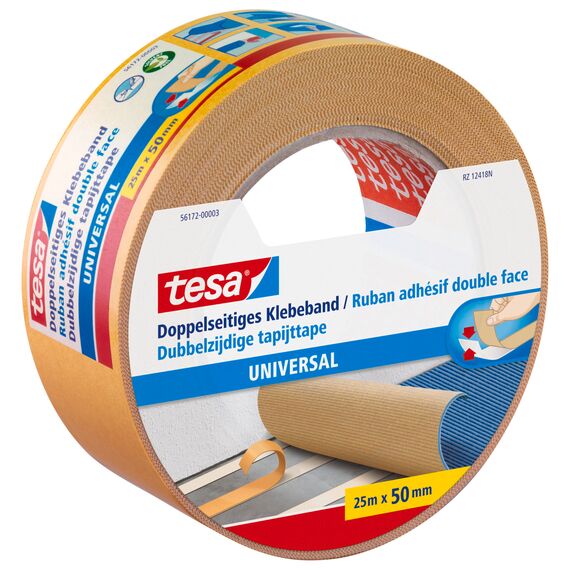 tesa Doppelseitiges Klebeband Universal - Vielseitiges Klebeband für Verpackungen, Deko und Teppiche oder zum Basteln - 25 m x 50 mm