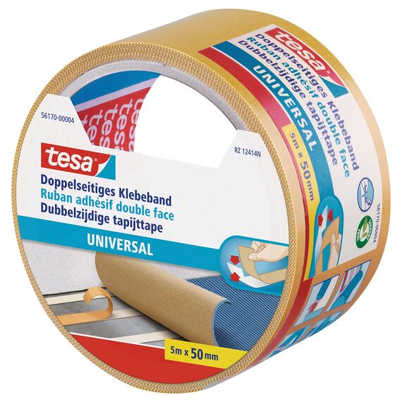 tesa Doppelseitiges Klebeband Universal - Vielseitiges Klebeband für Verpackungen, Deko und Teppiche oder zum Basteln - 5 m x 50 mm (Packung mit 3)