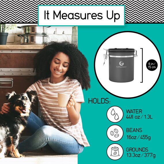 Coffee Gator Kaffeedose Edelstahl, Luftdicht Vorratsdose mit Deckel, Datum Tracker, CO2-Freigabeventil, Messlöffel, für Kaffeebohnen, Kaffeepulver, Nüsse, Tee, Zucker, Mehl