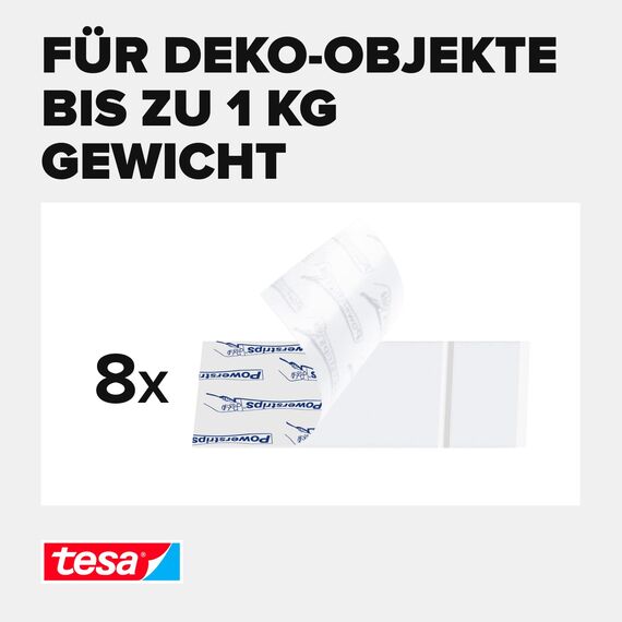 tesa Powerstrips transparent Deko - doppelseitige Klebestreifen für leichte Dekorationen, bis zu 1kg Haltekraft - selbstklebend 1kg 8 Powerstrips